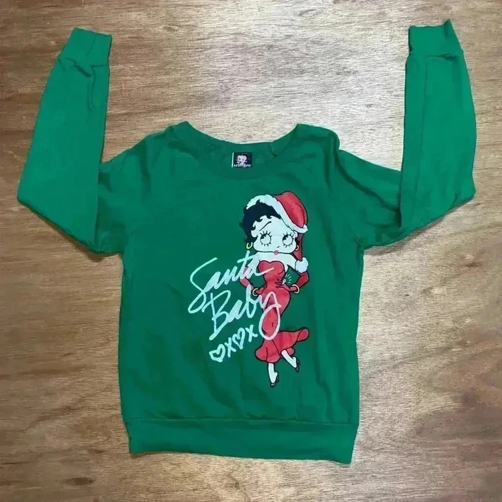 Betty Boop Santa Baby XOXO Green Sweatshirt Juniors size small measurements incl